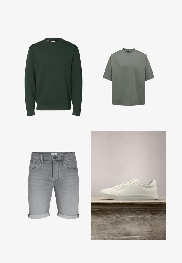 Donkergroene trui met lange mouwen en een ronde hals, geribbelde boorden aan mouwen en zoom, eenvoudig ontwerp zonder zichtbare logo's of patronen.; Groen T-shirt met korte mouwen van katoen, voorzien van een ontspannen pasvorm, een ronde hals en een gladde textuur zonder zichtbare patronen.; Grijze denim shorts met opgerolde boorden, knoopsluiting, riemlussen en voorzakken, met label Jack & Jones aan de binnenkant van de tailleband.; Witte vetersneaker die boven een houten bank zweeft met groene bladeren op de achtergrond, waarbij het ontwerp en de textuur van de schoen worden getoond.