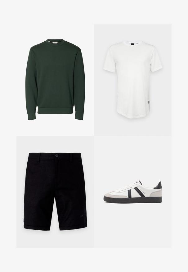Dunkelgrünes Sweatshirt mit langen Ärmeln und Rundhalsausschnitt, mit gerippten Bündchen und Saum, schlichtes Design ohne sichtbare Logos oder Muster.; Weißes T-Shirt mit kurzen Ärmeln aus Baumwolle, mit Rundhalsausschnitt und einem leicht verlängerten Rückenteil, sowie einem kleinen Logo-Akzent an der Seite.; Schwarze Shorts mit einer glatten Textur, ausgestattet mit einem Knopfverschluss, traditionellen Taschen und umgeschlagenen Säumen. Hergestellt aus leichtem Stoff.; Weiße Sneaker mit schwarz- und grau-aczenten, ausgestattet mit einer strukturierten grauen Zehenkappe, schwarzer Gummi-Sohle und flachen weißen Schnürsenkeln. Sauberes Design, minimalistische Stil.