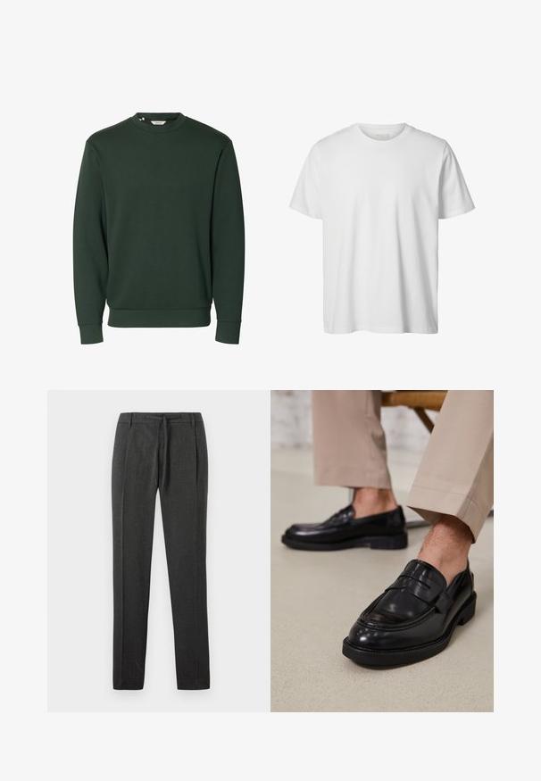 Donkergroene trui met lange mouwen en een ronde hals, geribbelde boorden aan mouwen en zoom, eenvoudig ontwerp zonder zichtbare logo's of patronen.; Eenvoudig wit T-shirt met korte mouwen en ronde hals, losse pasvorm en zonder zichtbare logo's of ontwerpen aan de voorkant.; Donkergrijze broek van een gestructureerde stof, met een recht model, voorplooien en een broekband met trekkoord. Geen zichtbare zakken of accenten.; Zwarte leren loafers met een gladde afwerking, voorzien van een decoratieve band en contrasterende stiksels, gecombineerd met beige broeken.