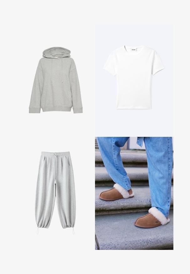 Graue Kapuzenjacke mit einem lockeren Schnitt, ausgestattet mit langen Ärmeln, Kordelzug und gerippten Bündchen. Hergestellt aus weichem, strukturiertem Stoff.; Einfaches weißes T-Shirt mit kurzen Ärmeln und Rundhalsausschnitt sowie kleinem "WEEKDAY"-Etikett im Nacken, flach auf einem hellen Hintergrund präsentiert.; Hellgraue Jogginghose mit elastischem Bund, Fronttaschen, Kordelzugverschluss und elastischen Bündchen mit verstellbaren Bändern an den Knöcheln.; Braune Wildlederschuhe mit weißem Fellfutter, runder Spitze und Gummisohle, kombiniert mit blauen Denim-Jeans auf Granitstufen.