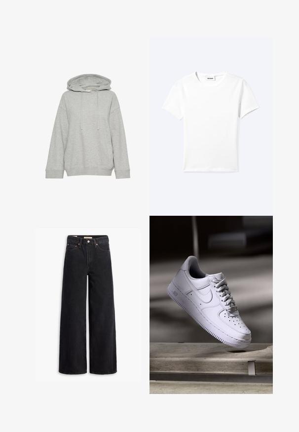 Šedá mikina s kapucňou a voľným strihom, s dlhými rukávmi, šnúrkou na stiahnutie a rebrovanými manžetami. Vyrobená z jemnej, štruktúrovanej tkaniny.; Jednofarebné biele tričko s krátkym rukávom a okrúhlym výstrihom, s malou štítkou "WEEKDAY" vo vnútri výstrihu, zobrazené na svetlom pozadí, položené na rovnej ploche.; Čierne nohavice s voľným strihom vyrobené z denimu, obsahujúce päť vreciek, medené nitky a klasické zapínanie na gombík. Hladká textúra s čistým dizajnom.; Biele tenisky Nike Air Force 1 vznášajúce sa nad betónovým povrchom so tieňmi v minimalistickom prostredí.
