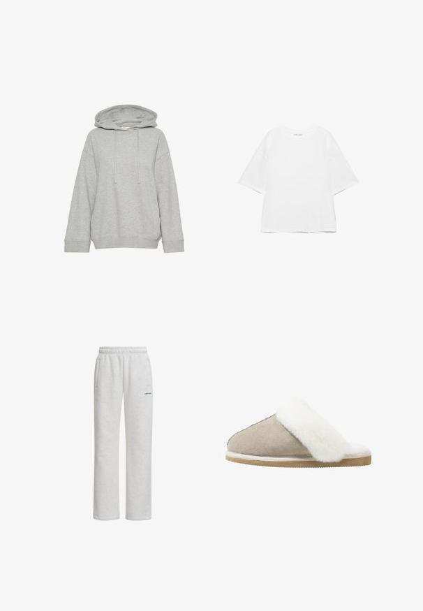 Grå hætte sweatshirt med en afslappet pasform, der har lange ærmer, snøre og ribbede manchetter. Lavet af blødt, struktureret stof.; Hvid oversize T-shirt med korte ærmer og rund hals, ensfarvet design og skuldersømme, der er sænket, på hvid baggrund.; Grå sweatpants lavet af blødt stof med elastisk talje, to sidelommer og et lille grønt logo på forsiden.; Suedelæders slipsko i lys beige med en hvid, fluffy pelskant over det øverste, med en struktureret ydersål for greb og komfort.