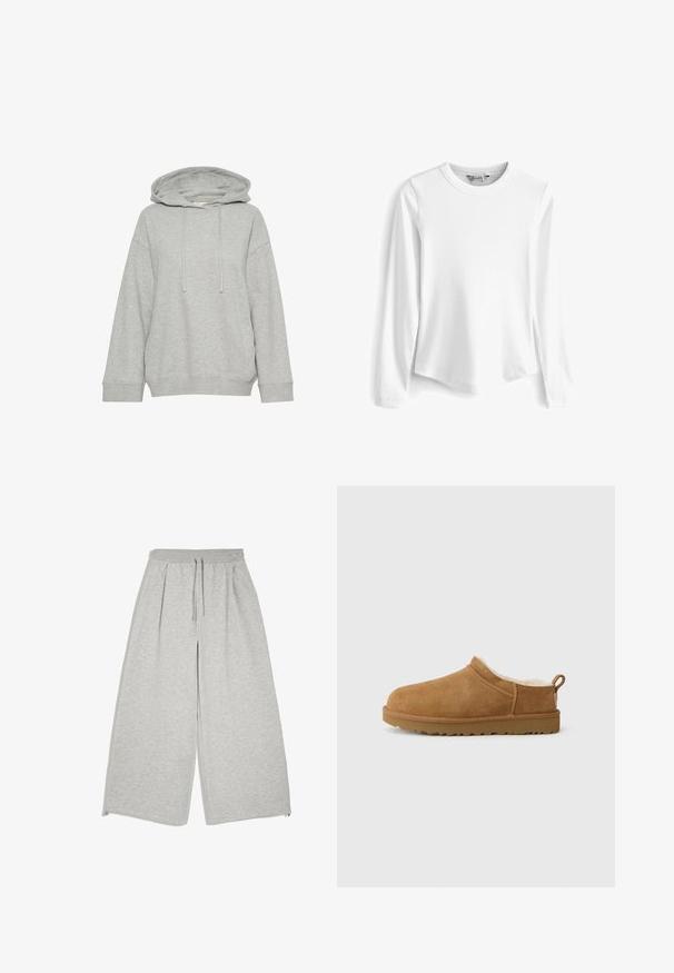 Graue Kapuzenjacke mit einem lockeren Schnitt, ausgestattet mit langen Ärmeln, Kordelzug und gerippten Bündchen. Hergestellt aus weichem, strukturiertem Stoff.; Weißes Langarmshirt aus geripptem Stoff mit rundem Ausschnitt. Verfügt über eine lockere Passform und eine glatte Textur und bietet eine vielseitige und atmungsaktive Option.; Hellgraue Hose mit weitem Bein, elastischem Bund und Kordelzug, Seitentaschen und Reißverschlüssen am Knöchel.; Brauner Wildlederschuh zum Hineinschlüpfen mit einem weichen, weißen Fellfutter, flacher Gummisohle, runder Zehenform und einer kleinen Zuglasche an der Ferse.