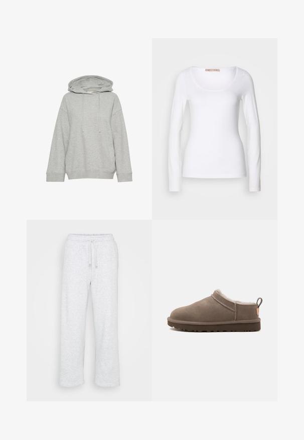 Graue Kapuzenjacke mit einem lockeren Schnitt, ausgestattet mit langen Ärmeln, Kordelzug und gerippten Bündchen. Hergestellt aus weichem, strukturiertem Stoff.; Langärmliges, weißes Baumwoll-T-Shirt mit einem U-Ausschnitt und einer figurbetonten Passform, glatter Textur und ohne Verzierung.; Hellgraue Baumwoll-Sporthosen mit elastischem Bund und Kordelzug, gerade Beinform, ohne sichtbare Logos oder Muster.; Niedrig geschnittener taupefarbener Wildlederschuh mit weißem Fleecefutter, dunkler Gummisohle und Zuglasche an der Ferse, seitlich auf weißem Hintergrund dargestellt.