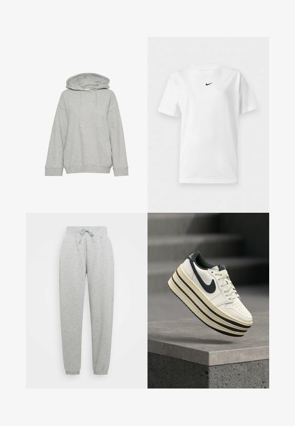 Grijze hoodie met een relaxte pasvorm, voorzien van lange mouwen, een trekkoord en geribbelde manchetten. Gemaakt van zacht, textuurstof.; Wit T-shirt met korte mouwen en een ronde hals, met een klein zwart Nike Swoosh-logo centraal vlakbij de kraag.; Grijze sweatpants met elastische tailleband, verstelbare trekkoord en geribbelde manchetten. Gemaakt van zachte stof; heeft twee zijzakken.; Nike plateau sneakers met een bovenwerk van crèmekleurig leer, zwarte accenten, een gelaagde zool en een geperforeerde neus voor ventilatie.
