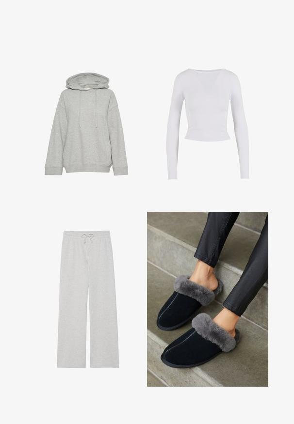 Graue Kapuzenjacke mit einem lockeren Schnitt, ausgestattet mit langen Ärmeln, Kordelzug und gerippten Bündchen. Hergestellt aus weichem, strukturiertem Stoff.; Weißes, langärmliges, kurzes Oberteil mit rundem Ausschnitt, aus einem glatten, dehnbaren Stoff gefertigt, mit einer taillierten Passform und ohne sichtbare Verschlüsse.; Hellgraue Jogginghose aus weichem Baumwoll-Mix, mit weitem Beinschnitt, elastischem Bund und verstellbarem Kordelzug, sowie ohne Taschen.; Schwarze Wildlederpantoffeln mit einem grauen Kunstfellbund, runder Zehenpartie und Kontrastnähten. Weiche Textur und Slipper-Design für ein einfaches Anziehen.
