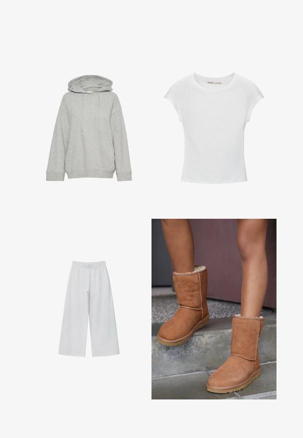 Graue Kapuzenjacke mit einem lockeren Schnitt, ausgestattet mit langen Ärmeln, Kordelzug und gerippten Bündchen. Hergestellt aus weichem, strukturiertem Stoff.; Weißes Baumwoll-T-Shirt mit kurzen, aufgerollten Ärmeln, rundem Ausschnitt und geradem Saum. Glatte Textur ohne sichtbare Muster oder Akzente.; Helle graue weit geschnittene Hose aus weichem Stoff mit elastischem Bund. Das Design bietet eine lockere Passform für Komfort und Bewegungsfreiheit.; Braune Wildleder-Stiefeletten mit runder Spitze, weicher Innenausstattung und Gummisohle, die über sichtbare Nähte entlang der Nähte verfügen.