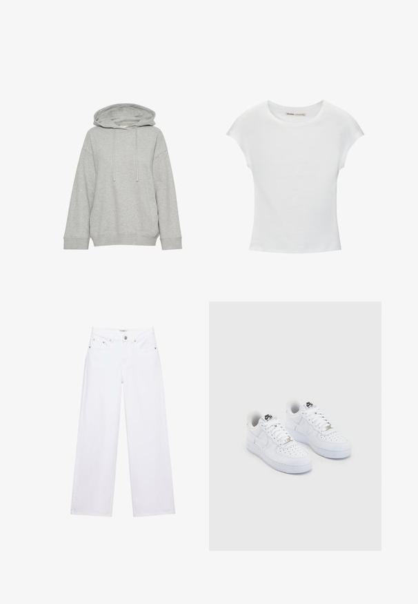 Graue Kapuzenjacke mit einem lockeren Schnitt, ausgestattet mit langen Ärmeln, Kordelzug und gerippten Bündchen. Hergestellt aus weichem, strukturiertem Stoff.; Weißes Baumwoll-T-Shirt mit kurzen, aufgerollten Ärmeln, rundem Ausschnitt und geradem Saum. Glatte Textur ohne sichtbare Muster oder Akzente.; Weiße, hoch taillierte Jeans mit weitem Bein, Knopf- und Reißverschluss, Taschen vorne und hinten sowie silbernen Nieten.; Weiße Nike Air Force 1 Sneaker mit einem geschmeidigen Obermaterial aus Leder, perforierter Zehenbox, weißen Schnürsenkeln und schwarzem Branding auf der Zunge.