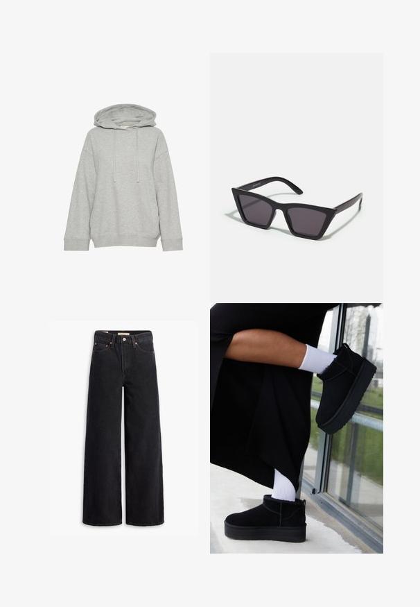 Grå hætte sweatshirt med en afslappet pasform, der har lange ærmer, snøre og ribbede manchetter. Lavet af blødt, struktureret stof.; Sorte brede benjeans lavet af denim, med fem lommer, kobbernitter og en klassisk knaplukning. Glat tekstur med et rent design.; Sorte suede ankelstøvler med flad sål, med en bageste træksløjfe, båret med hvide ankelstrømper mod en minimalistisk baggrund.; Sorte, kantede solbriller med grå linser; lavet af plast, med tykke stænger med en glat overflade og ingen synlig hardware.