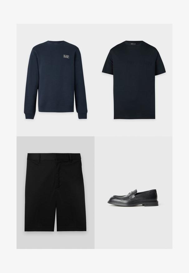 Sweat-shirt bleu marine à manches longues avec col rond, poignets et ourlet côtelés, avec un petit logo EA7 Emporio Armani sur la poitrine gauche.; T-shirt noir à manches courtes et col rond avec un logo Emporio Armani embossé discret sur la poitrine, sur un fond uni.; Shorts noirs sur mesure jusqu'au genou avec passants pour ceinture et devant plat, présentés sur un fond gris neutre.; Mocassins en cuir noir avec une finition texturée, dotés d'une bride décorative à l'avant et d'un bout arrondi. Semelle en caoutchouc pour plus de durabilité.