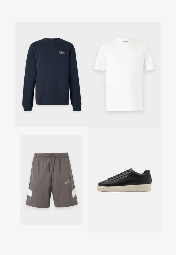 Sweat-shirt bleu marine à manches longues avec col rond, poignets et ourlet côtelés, avec un petit logo EA7 Emporio Armani sur la poitrine gauche.; T-shirt blanc à manches courtes avec col rond, orné d'un logo Emporio Armani embossé subtil centré sur la poitrine.; Shorts gris à taille élastique avec cordon, poches latérales, bandes blanches sur les jambes et logo blanc EA7 Emporio Armani sur la cuisse gauche.; Sneaker en cuir noir avec une finition lisse, semelle crème contrastante, bout arrondi, logo doré sur le côté et six œillets pour les lacets.