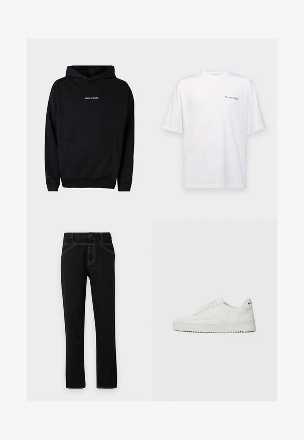 Sort hættetrøje med frontlomme og hvid tekst "VISION OF SUPER" på brystet. Lavet af blødt stof med ribbede manchetter.; Hvid kortærmet t-shirt i bomuld med v-hals, med et sort "FILLING PIECES" logo trykt på venstre side.; Sorte denim jeans med lige pasform, prydet med gule syninger, fem lommer og en frontlukning med knap. Glat tekstur og minimalistisk design.; Hvide lædersneakers med en glat overflade, rund tå, flade snørebånd og en tekstureret sål. Har et diskret logo på hælen.