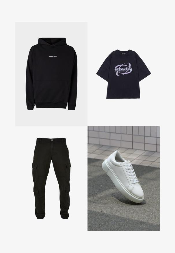 Zwarte hoodie met een voorzak en witte tekst "VISION OF SUPER" op de borst. Gemaakt van zachte stof met ribbels aan de manchetten.; Zwarte oversized T-shirt gemaakt van katoen met een grafische print waarop de tekst "Pegador Most Alive" staat, omringd door paarse en zilveren spiraalaccenten.; Zwarte cargobroek van katoen, met meerdere zijzakken, een rechte pasvorm en elastische boorden bij de enkels.; Witte leren sneaker met een glad oppervlak, ronde neus en platte witte veters. Voorzien van een gestructureerde rubberen zool en minimale ontwerpelementen.