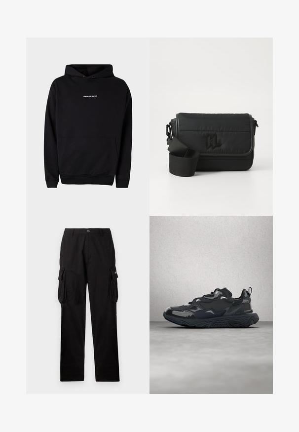 Schwarzer Kapuzenpullover mit einer Vordertasche und weißem "VISION OF SUPER"-Text auf der Brust. Hergestellt aus weichem Stoff mit gerippten Bündchen.; Schwarze Cargo-Hose aus strapazierfähigem Material, mit lockerer Passform, Seitentaschen und Knopfverschluss. Glatte Textur mit leichtem Glanz.; Schwarzer Laufschuh mit strukturiertem Obermaterial, glatten Akzenten und einer klobigen Sohle mit wellenförmigem Profil, entworfen für Komfort und Langlebigkeit.; Schwarze Umhängetasche aus Nylon mit gestepptem Design, verstellbarem Gurt und geprägt Logo auf der Vorderseite. Glatte Textur.
