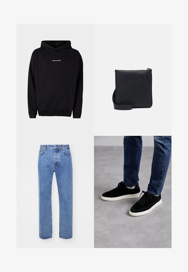 Zwarte hoodie met een voorzak en witte tekst "VISION OF SUPER" op de borst. Gemaakt van zachte stof met ribbels aan de manchetten.; Won Hundred STEVE - Relaxed fit jeans - cut blue; Zwarte suede sneakers met een witte rubberen zool, met een klassiek low-top ontwerp, een ronde neus en flat zwarte veters.; Zwarte leren schoudertas met een gestructureerde afwerking, rechthoekige vorm, ritssluiting en verstelbare schouderband. Kenmerkt zich door een subtiele merklogo aan de voorkant.