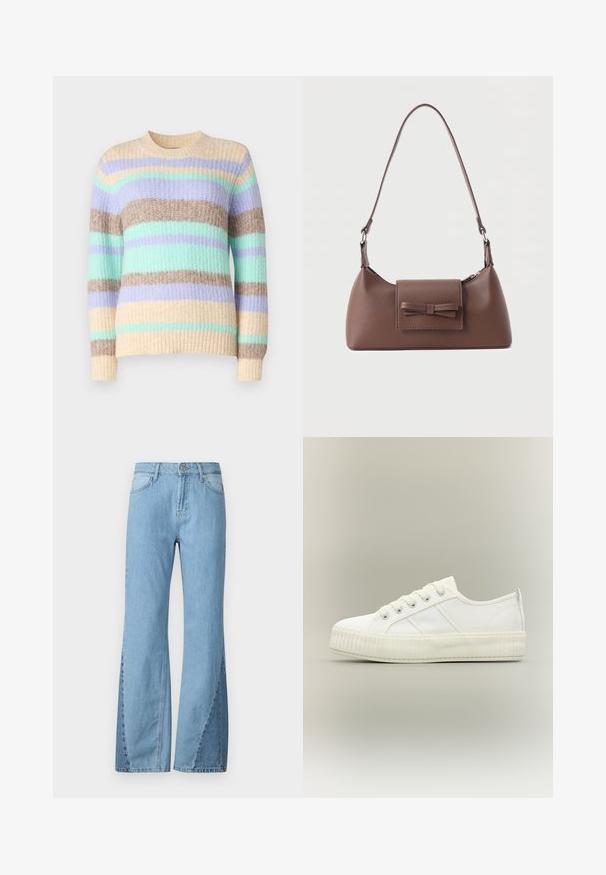 ONLY ONLMAGGIE LIFE O NECK - Πουλόβερ - birch/picante/aqua sky/pastel lilac; Ανοιχτό μπλε τζιν παντελόνι σε φάκελο, κατασκευασμένο από τζιν ύφασμα, με ψηλή μέση, λεπτομέρειες στις πλευρικές ραφές και κλασικό σχέδιο πέντε τσεπών.; Λευκό αθλητικό παπούτσι χαμηλού ύψους με παχιά ριγωτή σόλα, δέσιμο με κορδόνια μπροστά και θηλιά στη φτέρνα σε ουδέτερο φόντο.; Καφέ δερμάτινη τσάντα ώμου με μπροστινή τσέπη με καπάκι, διακοσμημένη με ραμμένη λεπτομέρεια φιόγκου και ρυθμιζόμενο λουρί.