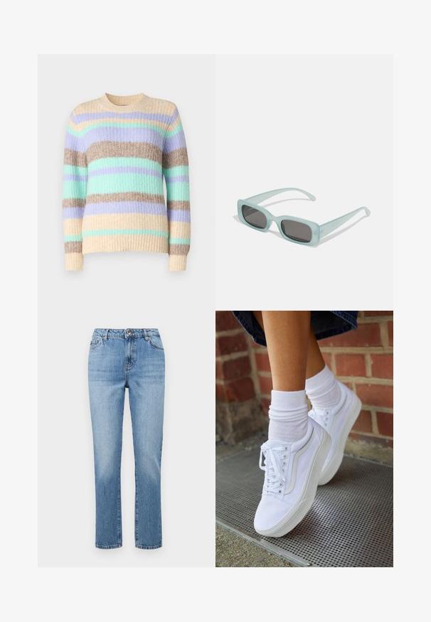 ONLY ONLMAGGIE LIFE O NECK - Πουλόβερ - birch/picante/aqua sky/pastel lilac; Ανοιχτό μπλε τζιν παντελόνι ίσιας γραμμής, φτιαγμένο από ντένιμ, με ζώνη και θηλιές, μπροστινές τσέπες και απαλές λεπτομέρειες ξεθωριάσματος.; Λευκά καμβά παπούτσια με καουτσούκ σόλες, που διαθέτουν έξι τρυπούλες, στρογγυλή μύτη και λεπτομέρειες από ελαφριά ραφή, σε συνδυασμό με λευκές κάλτσες μέχρι τον αστράγαλο.; Ενα ζευγάρι ορθογώνια γυαλιά ηλίου με ανοιχτό μπλε ημιδιαφανείς σκελετούς και σκούρους γκρι φακούς, διαθέτοντας ίσιες βραχίονες και ελάχιστες λεπτομέρειες υλικών.