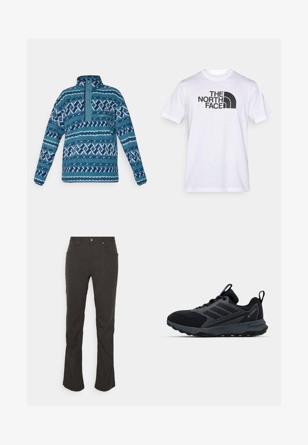 Blauwe fleece pullover met doorgestikt patroon, drukknoopsluiting, ritssluiting op de borstzak en lange mouwen, geschikt voor koud weer.; Wit katoenen T-shirt met een zwart logo van "THE NORTH FACE" en een gebogen designelement. Korte mouwen en een ronde hals.; Zwarte, rechte broek met een gladde stofstructuur, voorzakken en een zilveren knoopsluiting. Eenvoudig ontwerp en strakke lijnen.; Zwarte hardloopschoenen met een textuur bovenwerk van mesh en synthetische accenten, een gevoerde zool en een hiel lus voor gemakkelijk aan- en uittrekken.