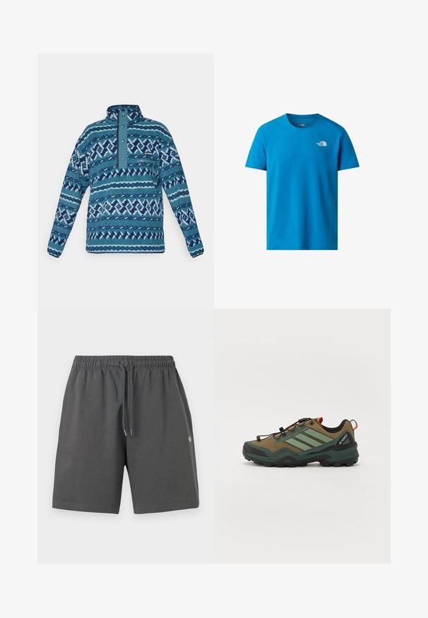 Blå mønstret fleecepullover med trykknap-lukning, lynlåslomme på brystet og lange ærmer, velegnet til koldt vejr.; Blå kortærmet t-shirt lavet af glat stof, med et lille hvidt logo på venstre bryst. Klassisk crew neck design.; Grå shorts lavet af blødt stof med elastisk taljebånd og justerbar snøre. Har et enkelt design uden lommer eller mønstre.; Vandrestøvle med en brun og grøn mesh-overdel, sort gummisål, justerbare snørebånd og reflekterende detaljer. Har en forstærket tåhætte.
