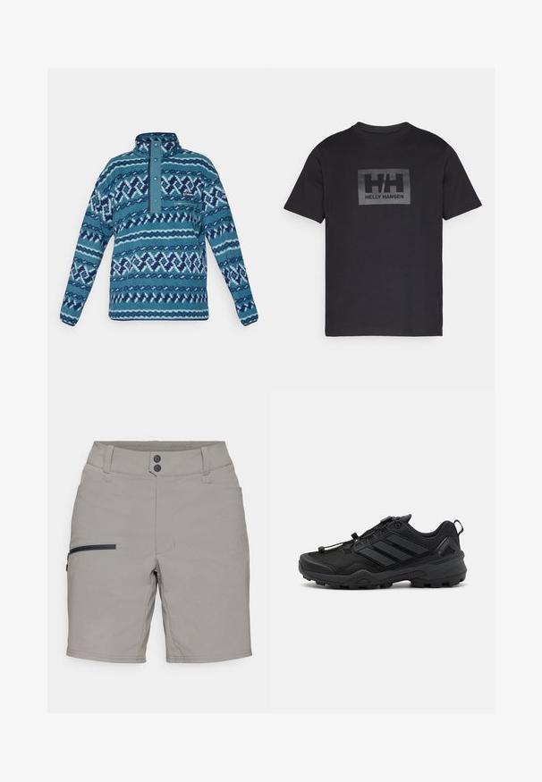 Blauwe fleece pullover met doorgestikt patroon, drukknoopsluiting, ritssluiting op de borstzak en lange mouwen, geschikt voor koud weer.; Zwarte katoenen t-shirt met korte mouwen, met een rechthoekig grijs logo in het midden waarop "HH" staat en daaronder "HELLY HANSEN".; Grijze shorts met een gladde textuur, voorzien van een ritszak aan de zijkant, twee knoopsluitingen en een klassieke snit. Ontworpen voor comfort en functionaliteit.; Zwarte sportschoen met een gemêleerde mesh bovenkant, contrasterende synthetische accenten en een robuuste rubberen zool. Voorzien van een veilig vetersysteem en een achterste tab.