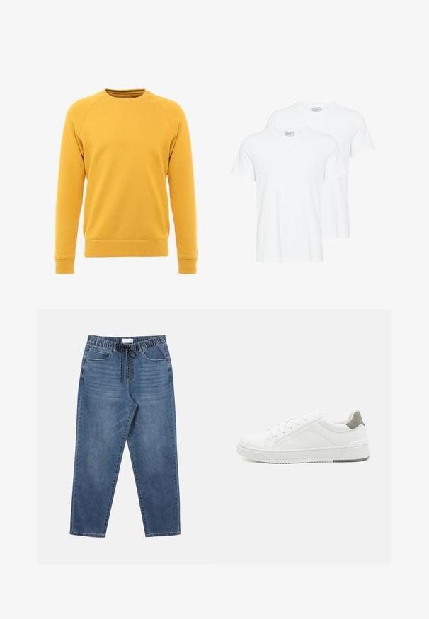 Sweatshirt jaune avec un col rond, des manches raglan longues, des poignets et un ourlet côtelés, fabriqué à partir d'un tissu doux au toucher lisse.; Deux t-shirts blancs unis à manches courtes et col rond qui se chevauchent sur un fond blanc.; Pantalon de jogging en denim bleu avec taille élastique et cordon noir, poches avant et jambes légèrement fuselées.; Basket blanche en cuir lisse, à bout arrondi, design minimaliste, accent de talon gris et semelle en caoutchouc texturé.