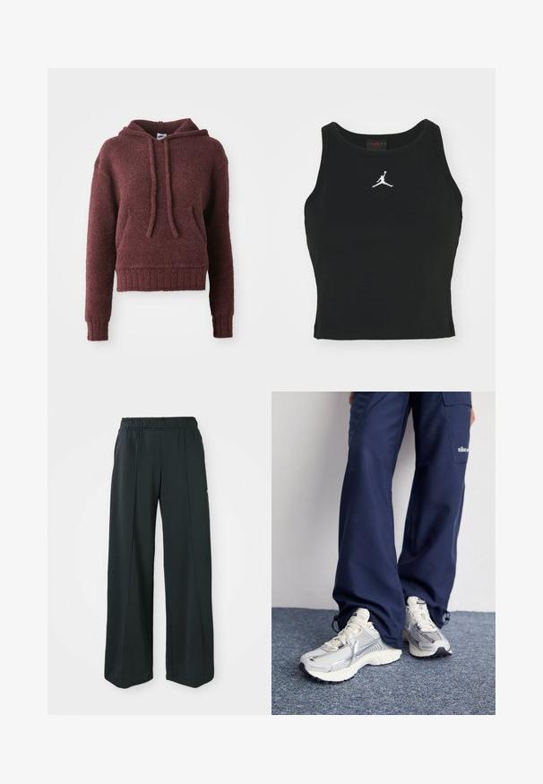 Bordeaux pullover hættetrøje lavet af blød, struktureret stof, med en front kangaroo lomme, snoretræk i hætten og ribbet kant og manchetter.; Sort tætsiddende tanktop lavet af bomuld, med rund udskæring og et hvidt Jordan-logo syet på fronten i midten. Glat tekstur.; Sorte, brede atletiske bukser med elastisk talje. Lavet af glat, strækbart stof, med diskrete frontsyninger og ingen lommer.; Nike sportssko med en sølvfarvet mesh-overdel, hvide detaljer og strukturerede såler, parret med løstsiddende navy bukser.