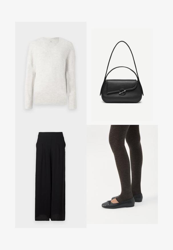 Pull à col en V gris clair en tissu doux et texturé. Présente des poignets et un ourlet côtelés, avec une coupe décontractée et des manches longues.; Pantalon large noir à taille haute avec poches latérales, réalisé en tissu texturé léger.; Jambes portant des leggings côtelés foncés associés à des ballerines noires avec de petits détails en nœud sur fond blanc.; Sac à main en cuir noir avec bords arrondis, rabat asymétrique, fermoir circulaire en métal, et des bandoulières courtes et longues.