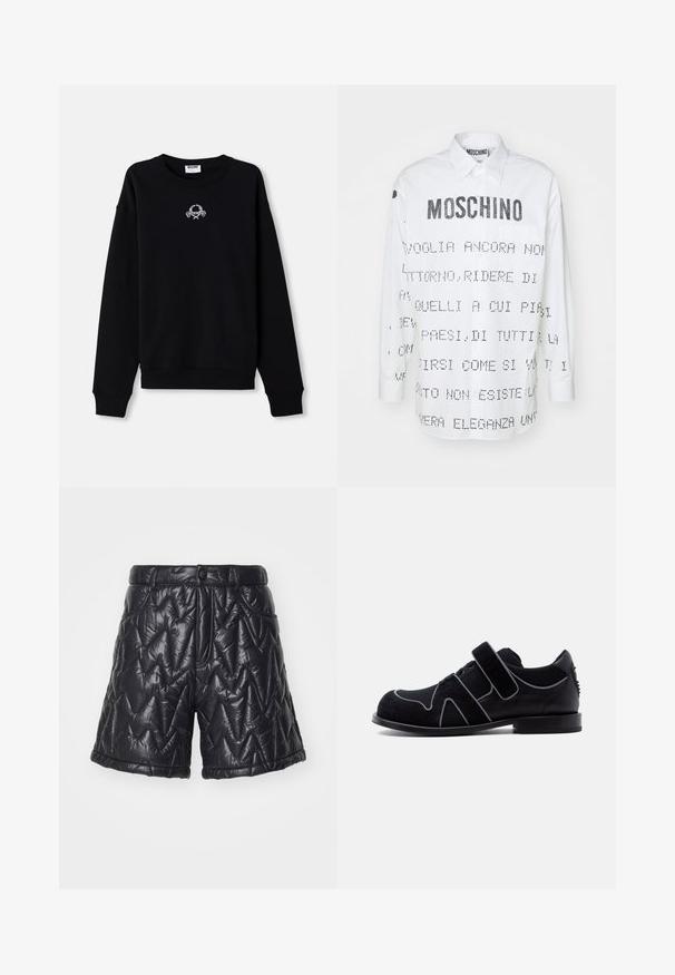 Sort sweatshirt lavet af blødt stof, med rund halsudskæring og lange ærmer. Den har et broderet design i midten.; Hvid skjorte med lange ærmer og spidse krave, der har sort tekst og grafiske designs trykt på for- og bagside. Knappelukning.; Sorte quiltede shorts lavet af blank, polstret stof. Har en lynlås i skridtet, frontlommer og et zigzag-stikmønster på overfladen.; Sort herresko til fest med velcrolukning, snøredetalje, ruskind- og lædermaterialer samt en lav hæl mod en ensfarvet hvid baggrund.
