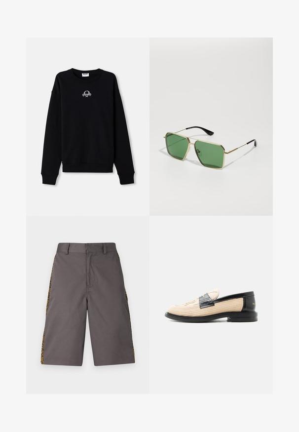 Sort sweatshirt lavet af blødt stof, med rund halsudskæring og lange ærmer. Den har et broderet design i midten.; Grå shorts lavet af et glat stof, med sidepaneler i leopardprint, flad front og standard taljeelastik.; Beige vævet loafer med sort skindkant, rundet tå, sort sål og dekorativt syet mønster på oversiden.; Guldfarvede solbriller med grønne linser, geometrisk form og sorte plastik templer. Letvægtskonstruktion med diskrete accenter.