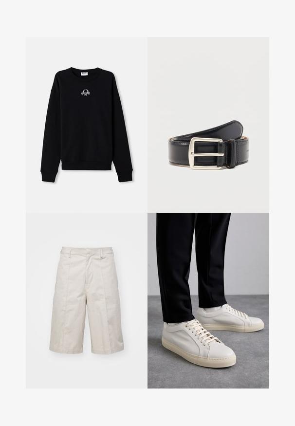 Schwarzer Pullover aus weichem Material, mit Rundhalsausschnitt und langen Ärmeln. Er hat ein gesticktes Design in der Mitte.; Beige Baumwollshorts mit geradem Schnitt, knielang, ausgestattet mit zwei vorderen Taschen und subtilen Falten für zusätzliche Textur.; Helle beigefarbene Leder-Sneaker mit flachen Schnürsenkeln, einer strukturierten Oberfläche und einer kontrastierenden, cremefarbenen Gummisohle, kombiniert mit schwarzen eng geschnittenen Hosen.; Schwarzer Ledergürtel, zusammengerollt mit einer silbernen rechteckigen Metallschnalle und sichtbaren Nähten entlang der Kanten.