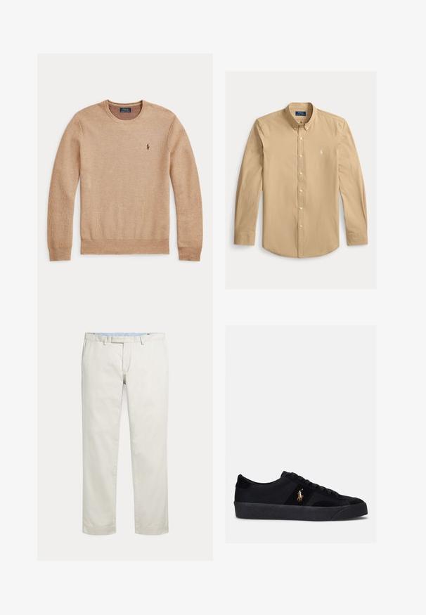 Beige striktrøje med lange ærmer, rund halsudskæring og lille mørkt broderet Polo Ralph Lauren-logo på venstre bryst.; Beige skjorte med lange ærmer, knapper foran, krave og lille broderet logo på venstre bryst.; Kremfarvede bukser med lige ben, bæltestropper og skjult inderstik foran på en ensfarvet baggrund.; Sorte sneakers med overdel i stof og ruskind, rund tå, flad gummisål og broderet logo på siden. Snørebåndsdesign med seks snørehuller.