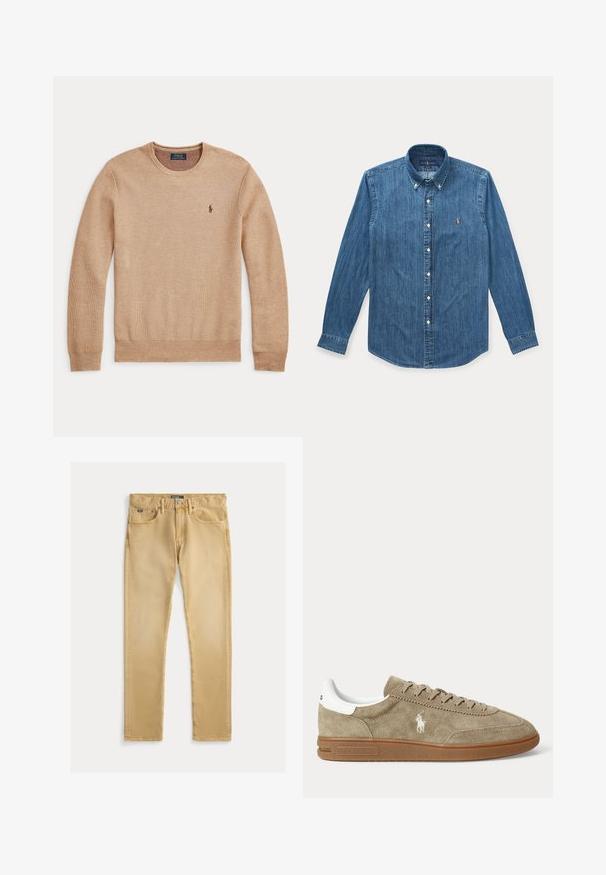Béžový pletený sveter s dlhým rukávom, okrúhlym výstrihom a malým tmavým vyšívaným logom Polo Ralph Lauren na ľavej strane hrudníka.; Modrá denimová košeľa s dlhým rukávom na gombíky, golierom a malým vyšívaným logom na ľavej strane hrudníka.; Béžové bavlnené džínsy so slim fit strihom, päť vreciek a viditeľným šitím. Obsahujú kovový gombík a označenie na páse.; Nízkoprofilová béžová semišová teniska s hnedou podrážkou, bielym detailom na päte, šnúrkami a bielym vyšívaným logom hráča póla na boku.