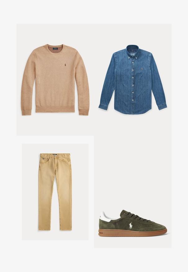 Béžový pletený sveter s dlhým rukávom, okrúhlym výstrihom a malým tmavým vyšívaným logom Polo Ralph Lauren na ľavej strane hrudníka.; Modrá denimová košeľa s dlhým rukávom na gombíky, golierom a malým vyšívaným logom na ľavej strane hrudníka.; Béžové bavlnené džínsy so slim fit strihom, päť vreciek a viditeľným šitím. Obsahujú kovový gombík a označenie na páse.; Zeleno-olivová semišová teniska s hnedou gumovou podrážkou, bielym pätkovým pásikom, šnurovaním vpredu a bielym logom hráča polo Ralph Lauren na boku.