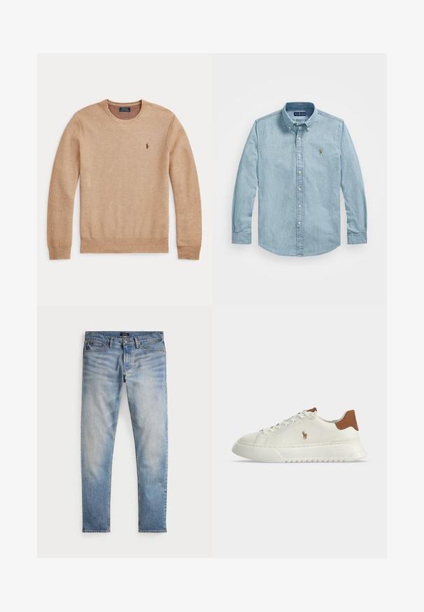 Beige striktrøje med lange ærmer, rund halsudskæring og lille mørkt broderet Polo Ralph Lauren-logo på venstre bryst.; Lyseblå langærmet denimskjorte med knaplukket krave, knapper foran og lille broderet logo på venstre bryst.; Lys blå denimjeans med en falmet finish, fem-lomme design og kontraststing. Har lynlås og bæltesløjfer. Lige pasform.; Hvid lavtopsneaker med brunt hæltab, snørebånd foran, tyk sål og lille broderet hestelogo på siden.