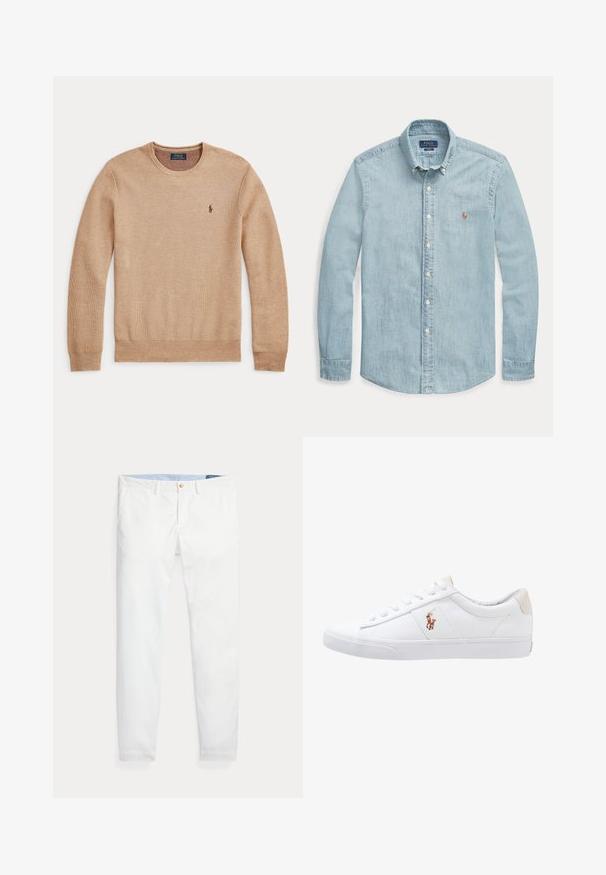 Beige striktrøje med lange ærmer, rund halsudskæring og lille mørkt broderet Polo Ralph Lauren-logo på venstre bryst.; Lyseblå langærmet denimskjorte med knapkrave, hvide knapper og et lille broderet Polo Ralph Lauren-logo på brystet.; Hvide bomuldschinos med slank pasform, med en enkelt guldknaplukning og lyseblåt inderliv. Glat tekstur uden mønstre.; Hvide kanvas sneakers med lågtop design, prydet med en beige hælkappe og et lille broderet logo på siden. Gummisål.