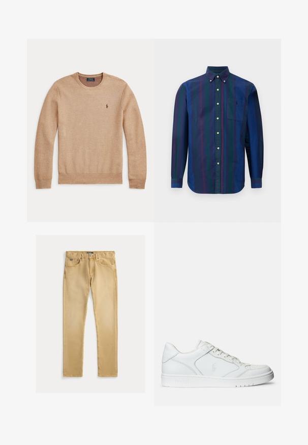 Beežist kudumist pikkade varrukatega kampsun ümara kaelusega ja väikse tumeda tikitud Polo Ralph Laureni logoga vasakul rinnal.; Nuppude kinniseguga särk, millel on tumedast sinisest, rohelisest ja maroonist vertikaalsed triibud. Valmistatud sileda tekstuuriga kangast ja rinnataskuga.; Beige puuvillased teksad, millel on kitsas lõige, viie tasku disain ja nähtav õmblus. Omab metallist nöpp ja silt vööl.; Valged nahast spordijalatsid siledast materjalist, millel on ventilatsiooniga varvas, paelad ja kõrvale brodeeritud logo. Valge kummitald.