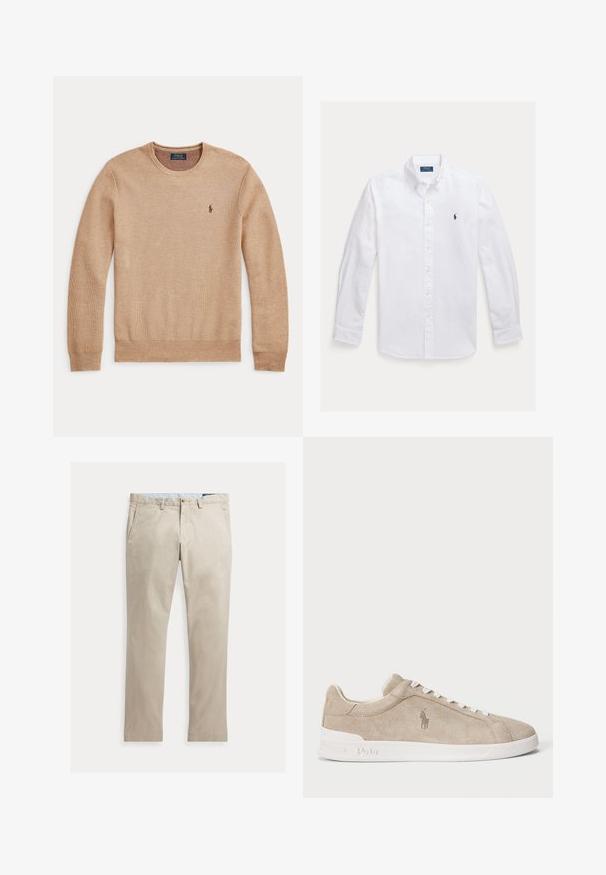 Beežist kudumist pikkade varrukatega kampsun ümara kaelusega ja väikse tumeda tikitud Polo Ralph Laureni logoga vasakul rinnal.; Valge pikkade varrukatega trukkidega särk terava kraega, millel on vasakul rinnal väike tumesinine logo ja kollased trukid. Sile kangatekstuur.; Beežid sirgete säärega puuvillased püksid ees taskute, vööaasade, nööbi- ja tõmblukuga, laotatud valgel taustal.; Bež nubukist sneaker valgete paeltega ja tallaga, külje peal brodeeritud Polo logo ning tallal reljeefse "Polo" kujutisega.