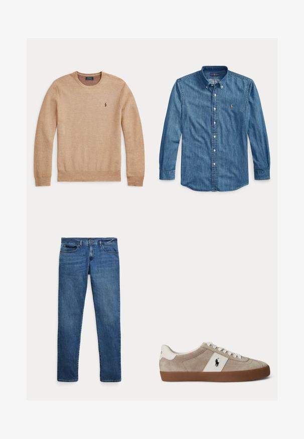 Beige striktrøje med lange ærmer, rund halsudskæring og lille mørkt broderet Polo Ralph Lauren-logo på venstre bryst.; Blå langærmet denimskjorte med krave og lille broderet logo på venstre bryst ved knapperne.; Blå denimjeans med slim fit, der har forlommer, bæltestropper og lukning med knap på hvid baggrund.; Beige ruskind lav-top sneaker med hvide snørebånd, hvid læder accent med sort hest logo og brun gummisål.