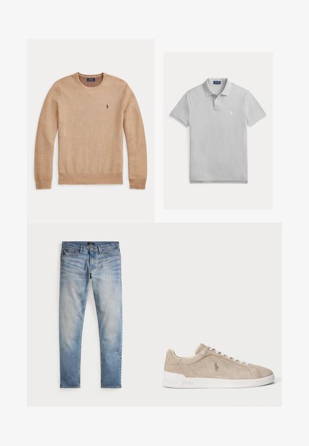 Beežist kudumist pikkade varrukatega kampsun ümara kaelusega ja väikse tumeda tikitud Polo Ralph Laureni logoga vasakul rinnal.; Helehall heegel polosärk lühikeste varrukatega, kahe nupuga lipsuga ja väikese valge tikitud logoga vasakul rinnal.; Heledad sinine teksapüksid, tuhm finish, viie tasku disain ja kontrastne õmblus. Omab tõmblukku ja vööauke. Sirge lõige.; Bež nubukist sneaker valgete paeltega ja tallaga, külje peal brodeeritud Polo logo ning tallal reljeefse "Polo" kujutisega.