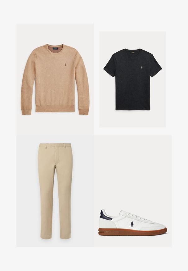 Beežist kudumist pikkade varrukatega kampsun ümara kaelusega ja väikse tumeda tikitud Polo Ralph Laureni logoga vasakul rinnal.; Must lühikeste varrukatega T-särk pehmest kangast, ümara kaelusega ja väikese valge polo logoga vasakul rinnal. Klassikaline lõige.; Beezikadest puuvillased püksid sirge lõikega, millel on vöörihmade aukud, lapitekinne ja kohandatud äärised. Sile tekstuur ja minimaalne detailide jagamine.; Valge madala säärega toss pruuni tallaga, musta kandutükiga, polo mängija tikandiga logoga ja valgete nööridega.