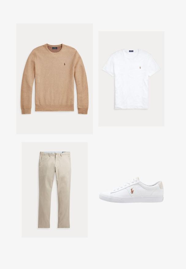 Beige gebreide trui met lange mouwen, een ronde hals en een klein donker geborduurd Polo Ralph Lauren-logo op de linkerborst.; Witte T-shirt met korte mouwen en ronde hals met klein geborduurd Polo Ralph Lauren-logo op de linkerborst en een blauw merklint binnenin de kraag.; Beige katoenen broek met rechte pijpen, voorzakken, riemlussen, knoopsluiting en ritssluiting, plat liggend op een witte achtergrond.; Witte canvas sneakers met een laag ontwerp, featuring een beige hieltab en een klein geborduurd logo aan de zijkant. Rubber zool.