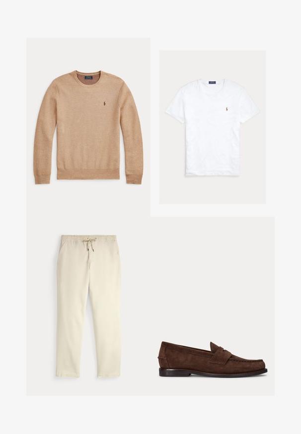 Béžový pletený sveter s dlhým rukávom, okrúhlym výstrihom a malým tmavým vyšívaným logom Polo Ralph Lauren na ľavej strane hrudníka.; Biele tričko s krátkym rukávom a okrúhlym výstrihom, s malým vyšitým logom Polo Ralph Lauren na ľavej strane hrude a modrou značkovou etiketu vo vnútri goliera.; Krémové voľné nohavice s elastickým pásom a šnúrkou, rovné nohy a bočné vrecká na jednofarebnom pozadí.; Hnedý semišový penny loafer s nízkym opätkom a viditeľným prešitím pozdĺž špičky, bokov a zadnej časti, zobrazený na jednolivom svetlom pozadí.