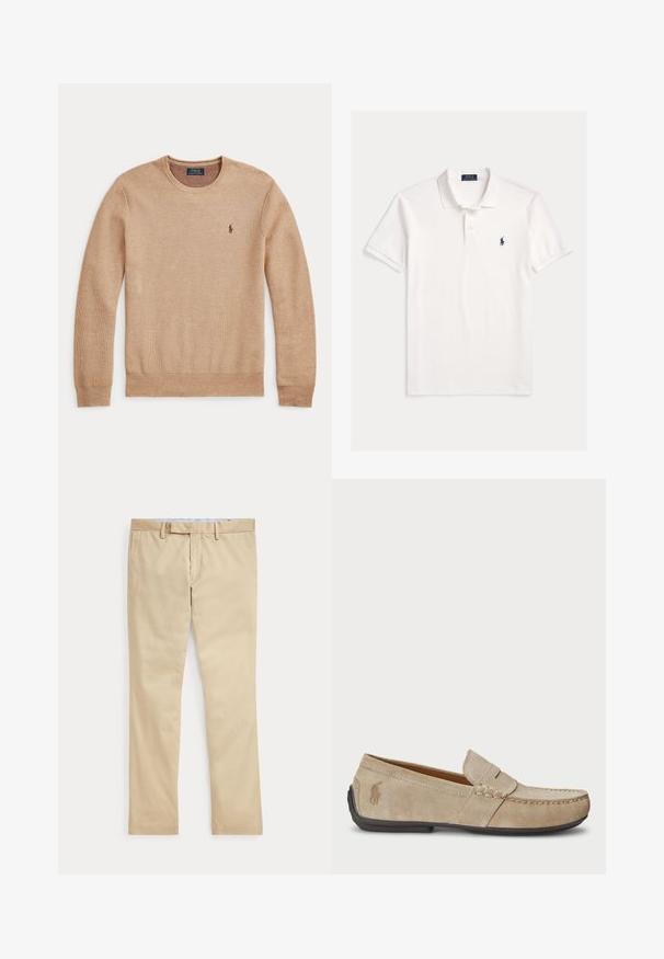 Beige gebreide trui met lange mouwen, een ronde hals en een klein donker geborduurd Polo Ralph Lauren-logo op de linkerborst.; Wit Polo Ralph Lauren overhemd met korte mouwen, kraag, twee knoopsgaten en klein marineblauw geborduurd paardenlogo op de linkerborst.; Beige broek met rechte pijpen, ceintuurlussen en een voorrits, plat gelegd tegen een witte achtergrond.; Beige suède instappers met een gestikt detail, platte rubberen zool en een klein logo aan de zijkant. Klassiek instapontwerp, zachte textuur.