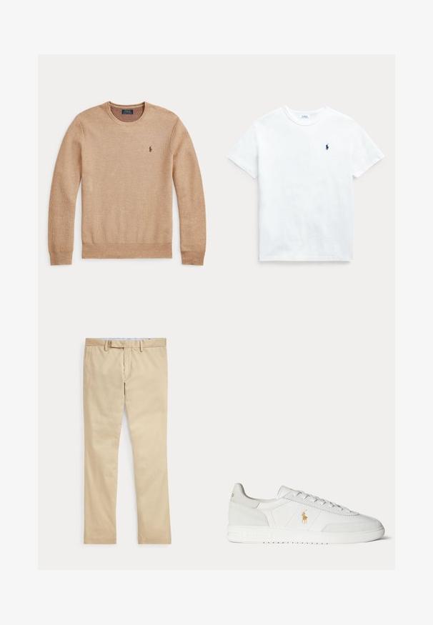 Béžový pletený sveter s dlhým rukávom, okrúhlym výstrihom a malým tmavým vyšívaným logom Polo Ralph Lauren na ľavej strane hrudníka.; Biely bavlnený tričko s krátkymi rukávmi, okrúhlym výstrihom a malým námorníckym logom na ľavej hrudi. Hladká textúra a klasický strih.; Béžové nohavice s rovnými nohavicami, s pútkami na opasok a predným zipsom, položené na bielom pozadí.; Biela nízka teniska so šnurovaním, zlaté logo Polo Ralph Lauren na boku a textúrovaná podrážka na jednofarebnom pozadí.