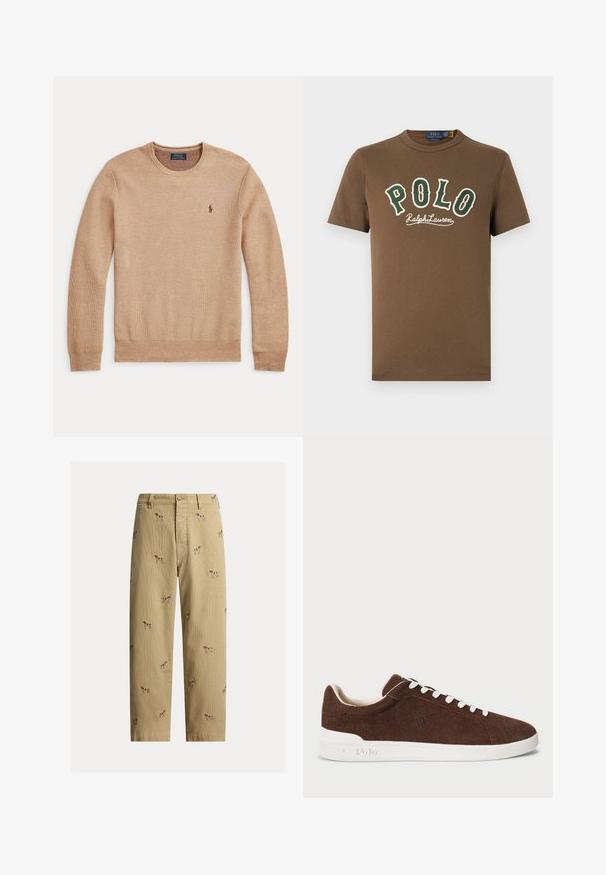 Béžový pletený sveter s dlhým rukávom, okrúhlym výstrihom a malým tmavým vyšívaným logom Polo Ralph Lauren na ľavej strane hrudníka.; Hnedé tričko s krátkym rukávom so zeleným a bielym textom "POLO Ralph Lauren" na prednej strane a malým bielym logom hráča póla pri spodnom okraji.; Béžové kordurové nohavice s vyšívanými motívmi psov, rovný strih nohavíc, päťvreckový štýl s predným zapínaním na gombík.; Hnedé semišové nízke tenisky s bielou gumovou podrážkou, bielymi šnúrkami a vyšitou logom Polo na boku.