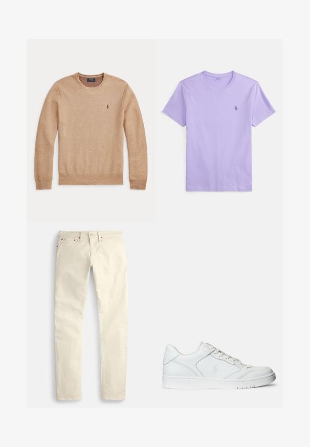 Beige striktrøje med lange ærmer, rund halsudskæring og lille mørkt broderet Polo Ralph Lauren-logo på venstre bryst.; Lyse lilla kortærmet t-shirt i bomuld med rund hals og et lille blåt broderet logo på venstre bryst. Glat tekstur.; Lysebeige bukser med lige ben lavet af et struktureret stof. Har fem lommer og brune metaldele. Ingen synlige mønstre eller accenter.; Hvide lædersneakers med en glat tekstur, der har en perforeret tå, snørebåndslukning og broderet logo på siden. Hvid gummisål.