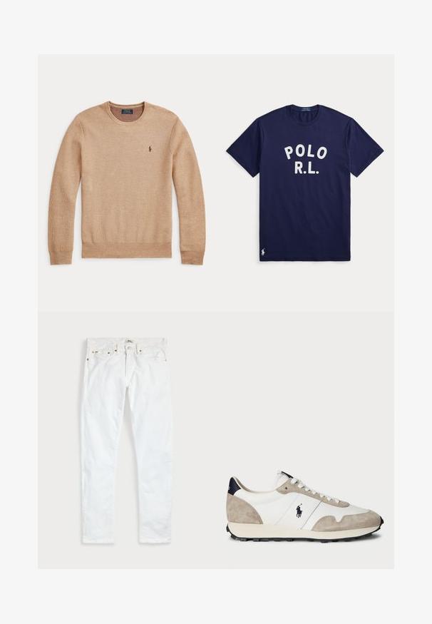 Beežist kudumist pikkade varrukatega kampsun ümara kaelusega ja väikse tumeda tikitud Polo Ralph Laureni logoga vasakul rinnal.; Tumesinine lühikeste varrukatega T-särk, valge tekstiga "POLO R.L." rinnal keskel ja väike valge Polo Ralph Laureni logo alumise äärise lähedal.; Valged kitsad teksapüksid, millel on viis taskut, nööpidega sulgumine ja vööaasad, asetatud tasapinnale ühtlase hele tausta sisse.; Valge ja beež sametist sneaker musta kummist tallaga ning Polo logo külgedel, vaadatuna väljastpoolt valge tausta ees.