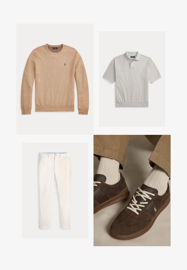 Beežist kudumist pikkade varrukatega kampsun ümara kaelusega ja väikse tumeda tikitud Polo Ralph Laureni logoga vasakul rinnal.; Helehall lühikeste varrukatega polosärk, kahekorguseline nööpide plokk, soonikurrus krae ja serv ning vasakul rinnal väike valge tikandiga logo.; Meeste õhukesed valkjaskollased püksid esikotste, vööaasade ja nööpkinnitusega ühevärvilisel taustal.; Pruunid seemisnahast tossud valgete paeltega, kantud beežide soonikkoes sokkidega ja heledate pruunide pükstega.