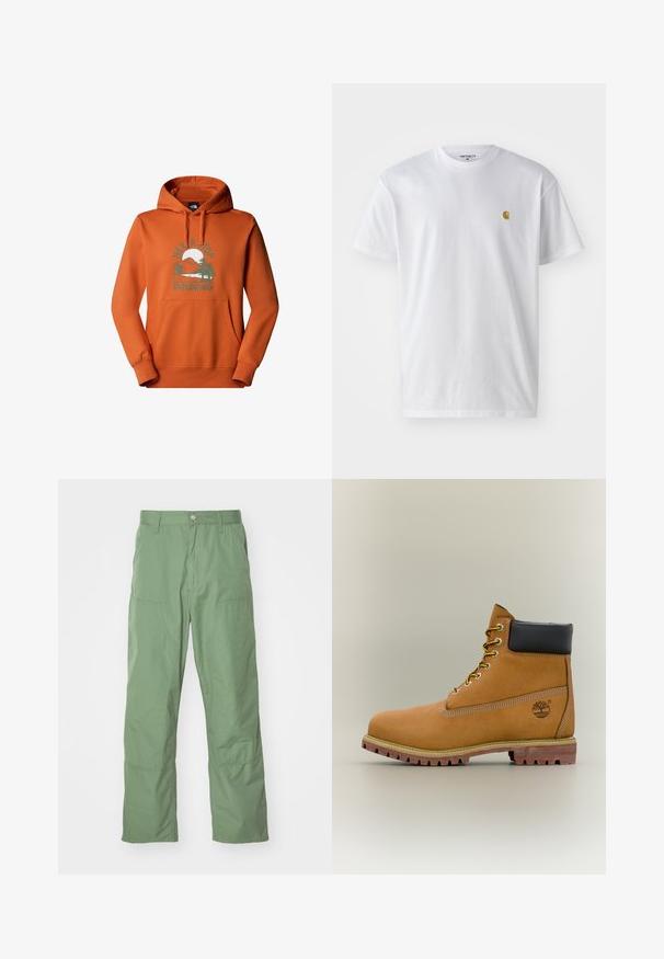 Sudadera con capucha naranja y bolsillo frontal, que presenta un gráfico de una montaña, árboles, un sol y el texto "Nunca dejes de explorar."; Camiseta de algodón blanca con mangas cortas, cuello redondo, que presenta un pequeño logo dorado en la parte izquierda del pecho. Textura suave y corte regular.; Pantalones de corte relajado en un suave tono verde claro, con una textura lisa, que incluyen bolsillos laterales y detalles de costura visibles. De largo completo con un diseño de pierna recta.; Bota de tobillo de cuero marrón con cuello negro, cordones amarillos y suela beige. Presenta un logotipo y detalles de costura blanca. Suela exterior con tracción robusta.