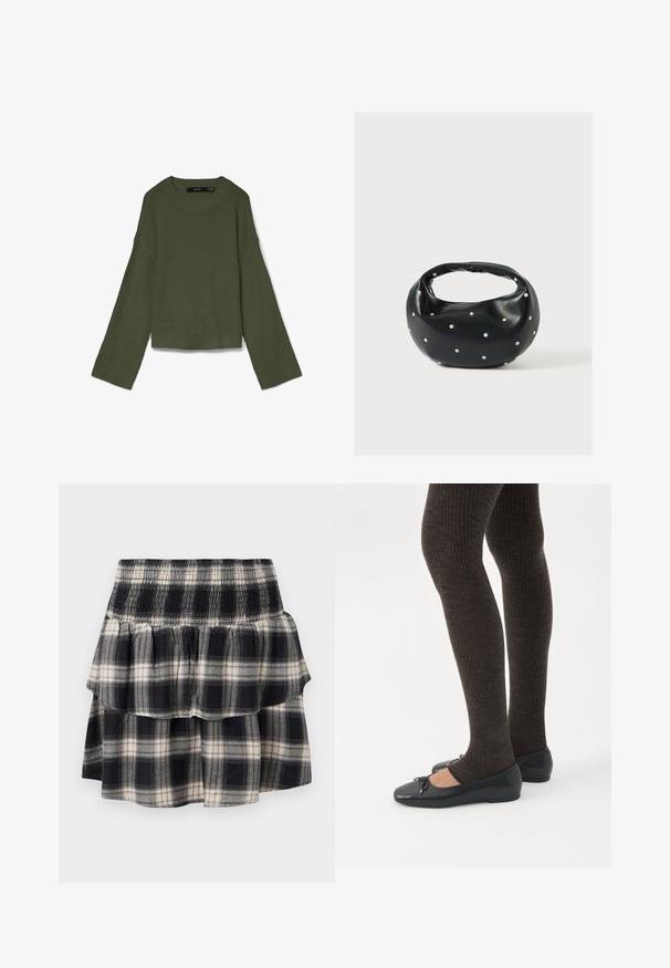 Pull en maille gaufrée vert olive avec manches longues larges, col rond et poignets et ourlet côtelés, posé à plat sur fond blanc.; Jupe à volants à carreaux noir et blanc avec taille smockée. Avec des couches froncées et une texture douce en coton.; Jambes portant des leggings côtelés foncés associés à des ballerines noires avec de petits détails en nœud sur fond blanc.; Sac à main en cuir noir de forme arrondie, décoré de clous argentés et équipé d'une poignée courte. Texture lisse et fermeture éclair.